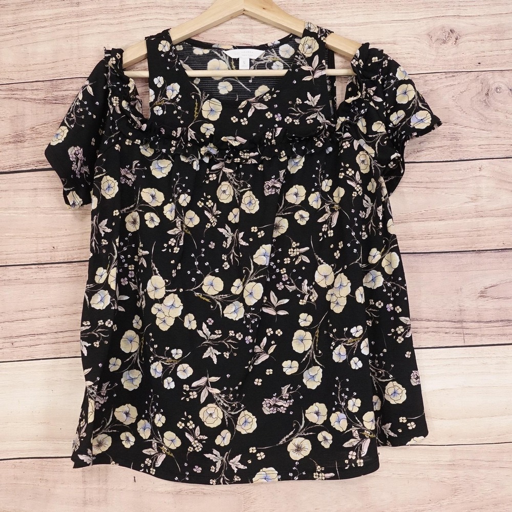 Lauren Conrad Blouse Womens S Black Floral Cold Shoulder Ruffle Jersey Top